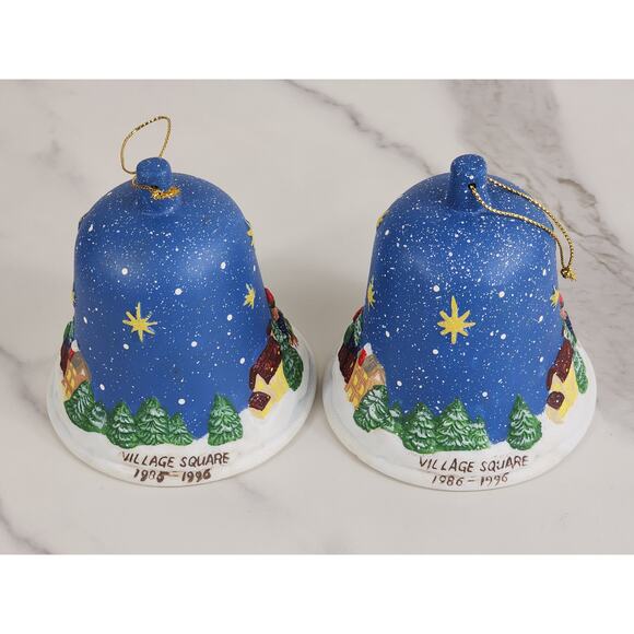 Christmas Village Square Bell Ornaments 4" Porcelain 90's Blue Lot of 2 Vintage - Picture 7 of 12